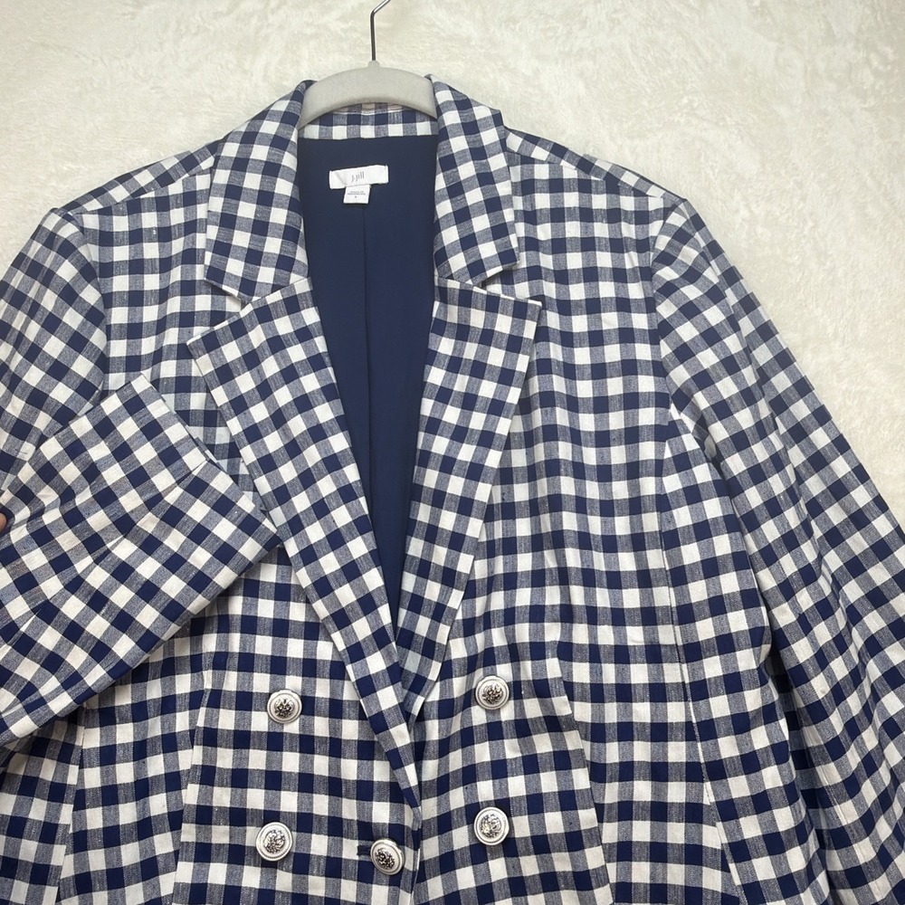 J Jill Gingham Double Breasted Blazer Blue White Check Jacket Preppy Large
